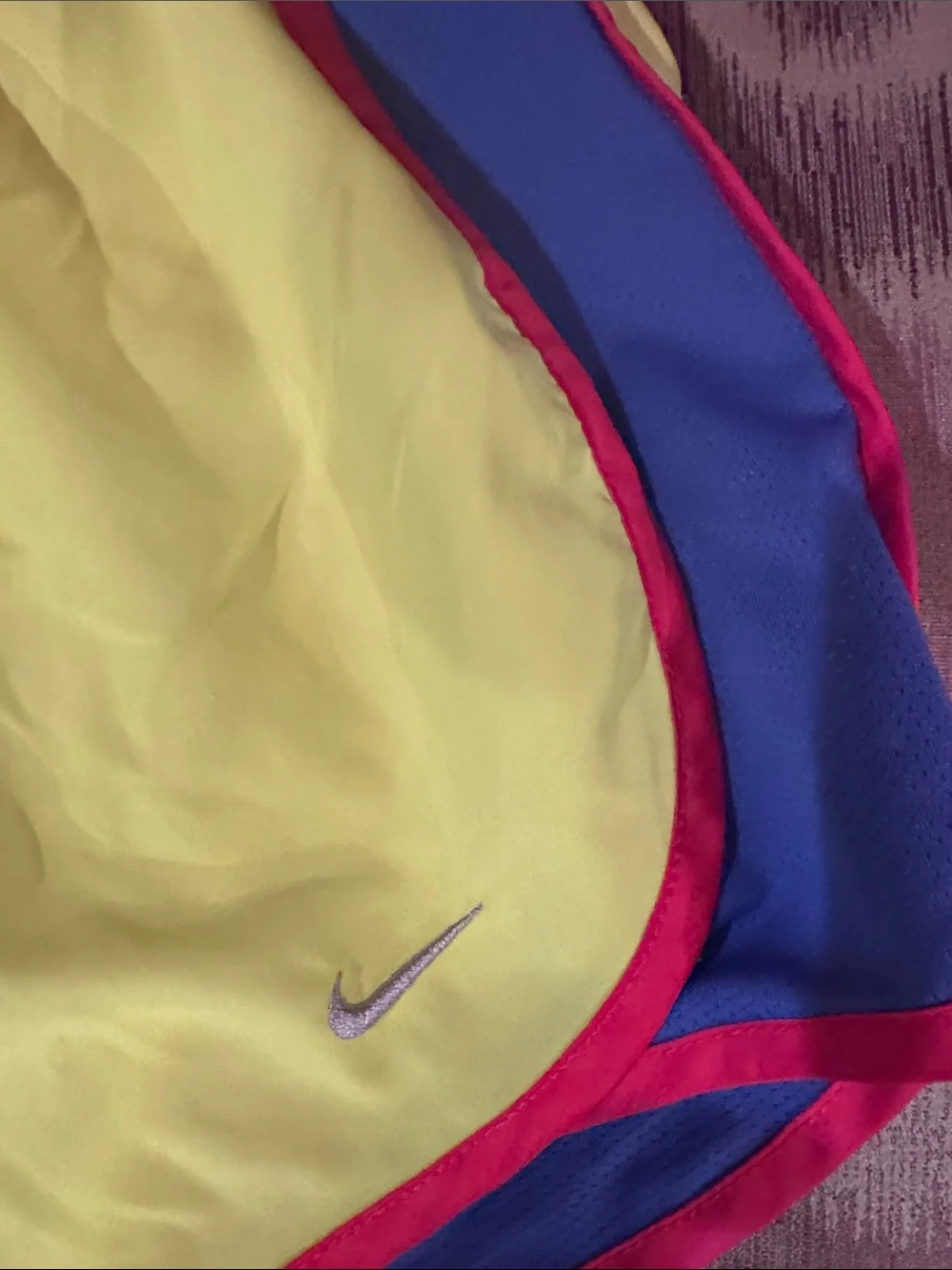 Nike Women’s Bright Yellow Athletic Shorts with Blue Panels and Pink Trim - Picture 2 of 5